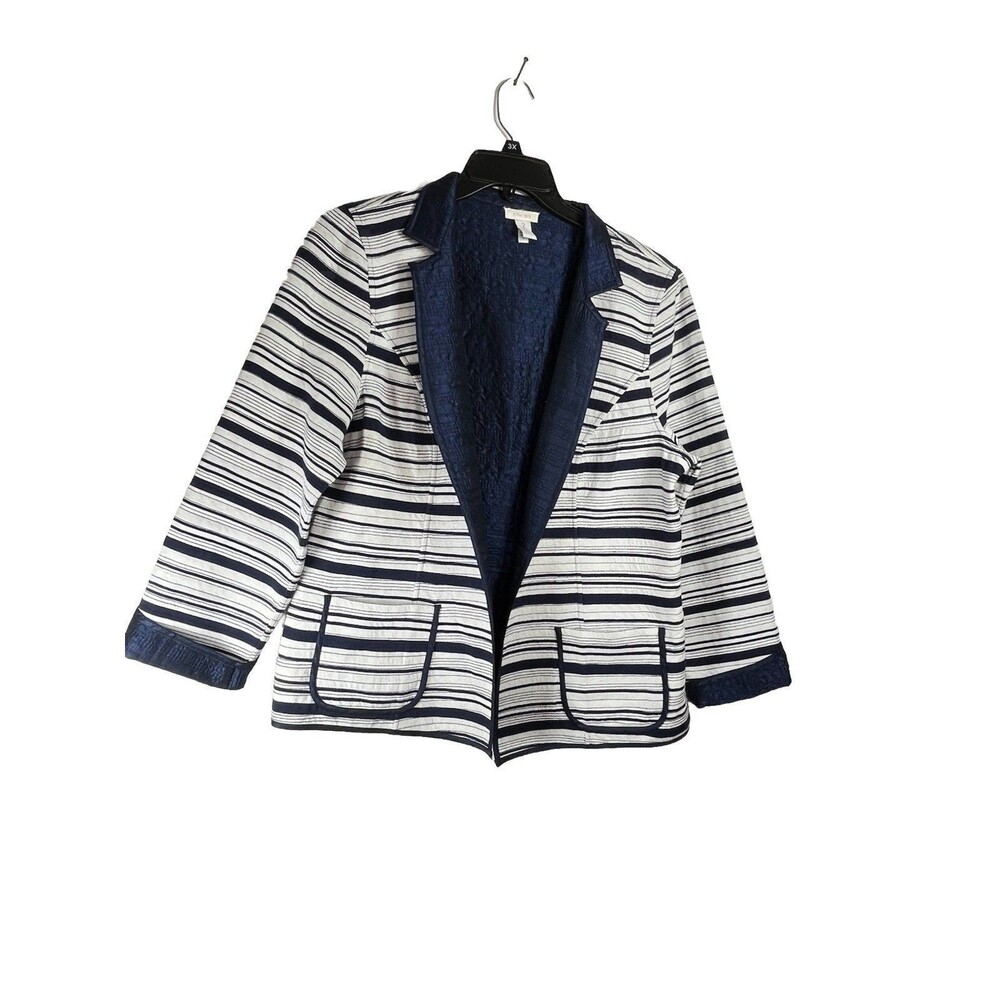 Chicos sz 2 L Blazer Nautical Striped Coastal Navy Blue Jacket